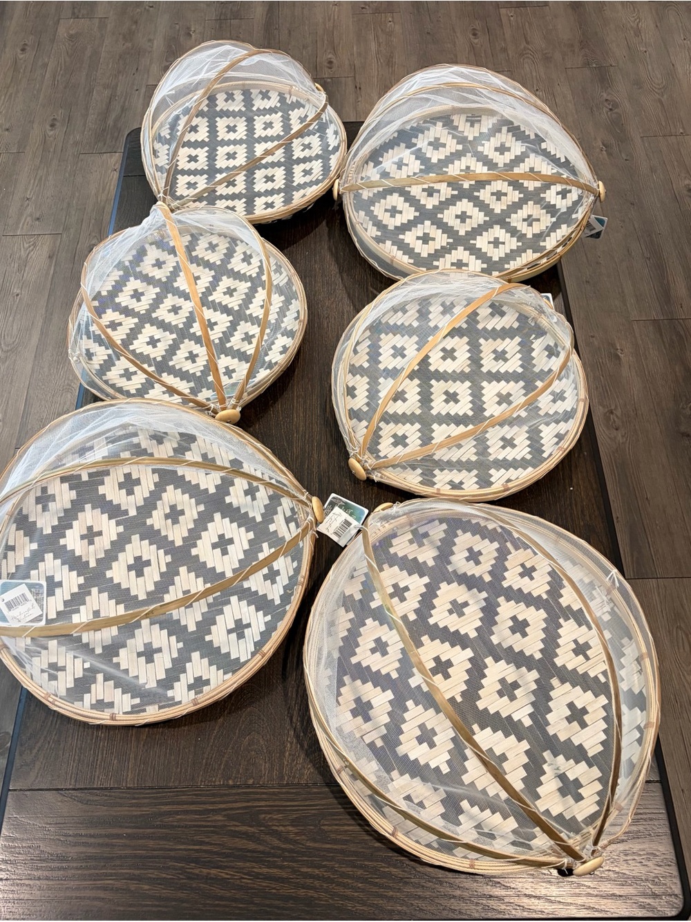 Round Woven Serving Trays with Mesh Covers - Gray & White